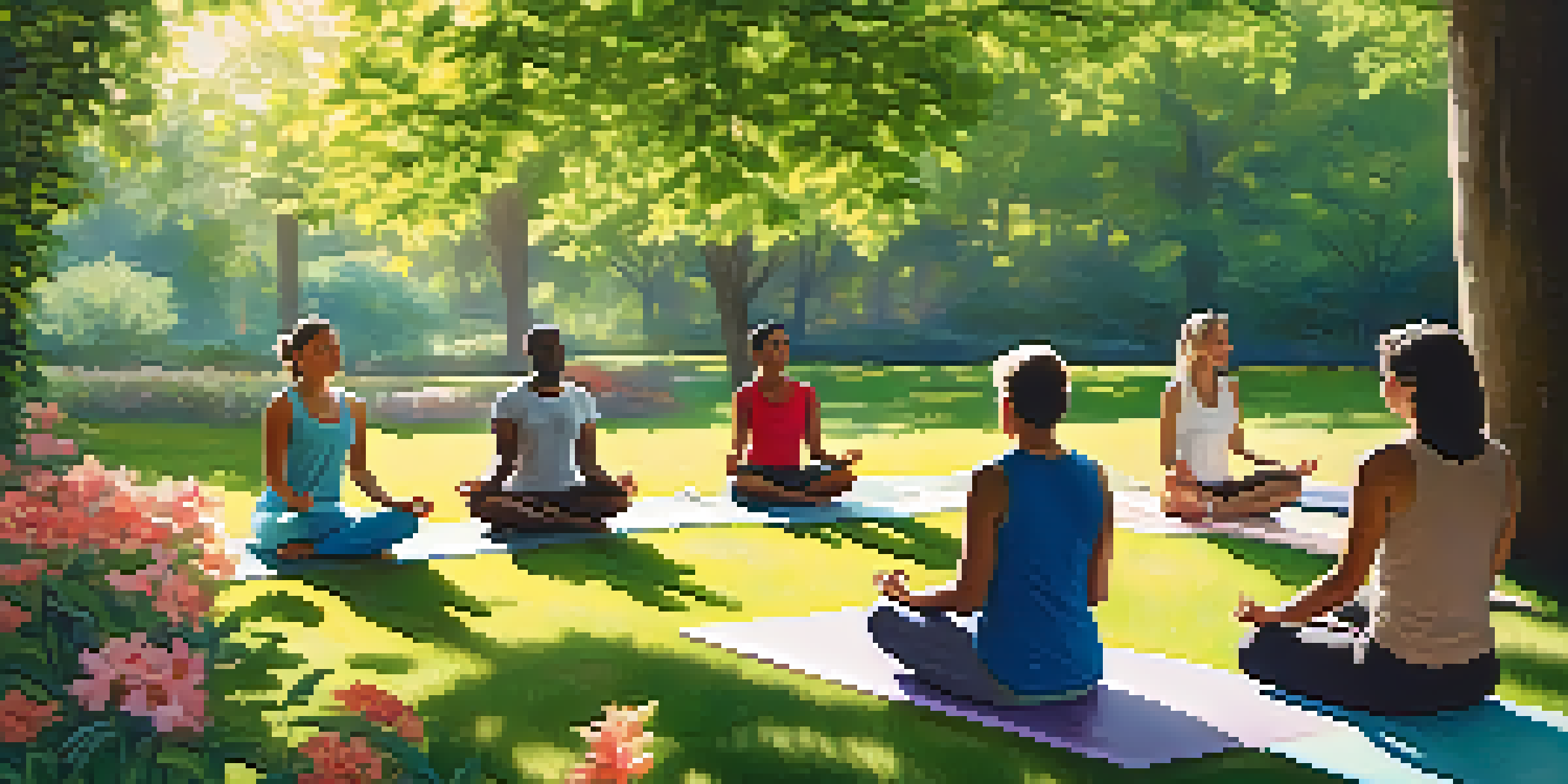 A diverse group of people meditating in a sunny park, surrounded by greenery and flowers, showcasing peaceful expressions.