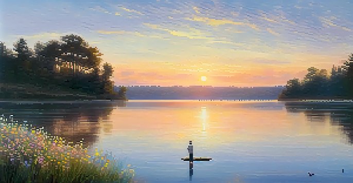 A person standing by a tranquil lake at sunrise, arms raised in gratitude, with colorful reflections on the water and blooming wildflowers in the foreground.