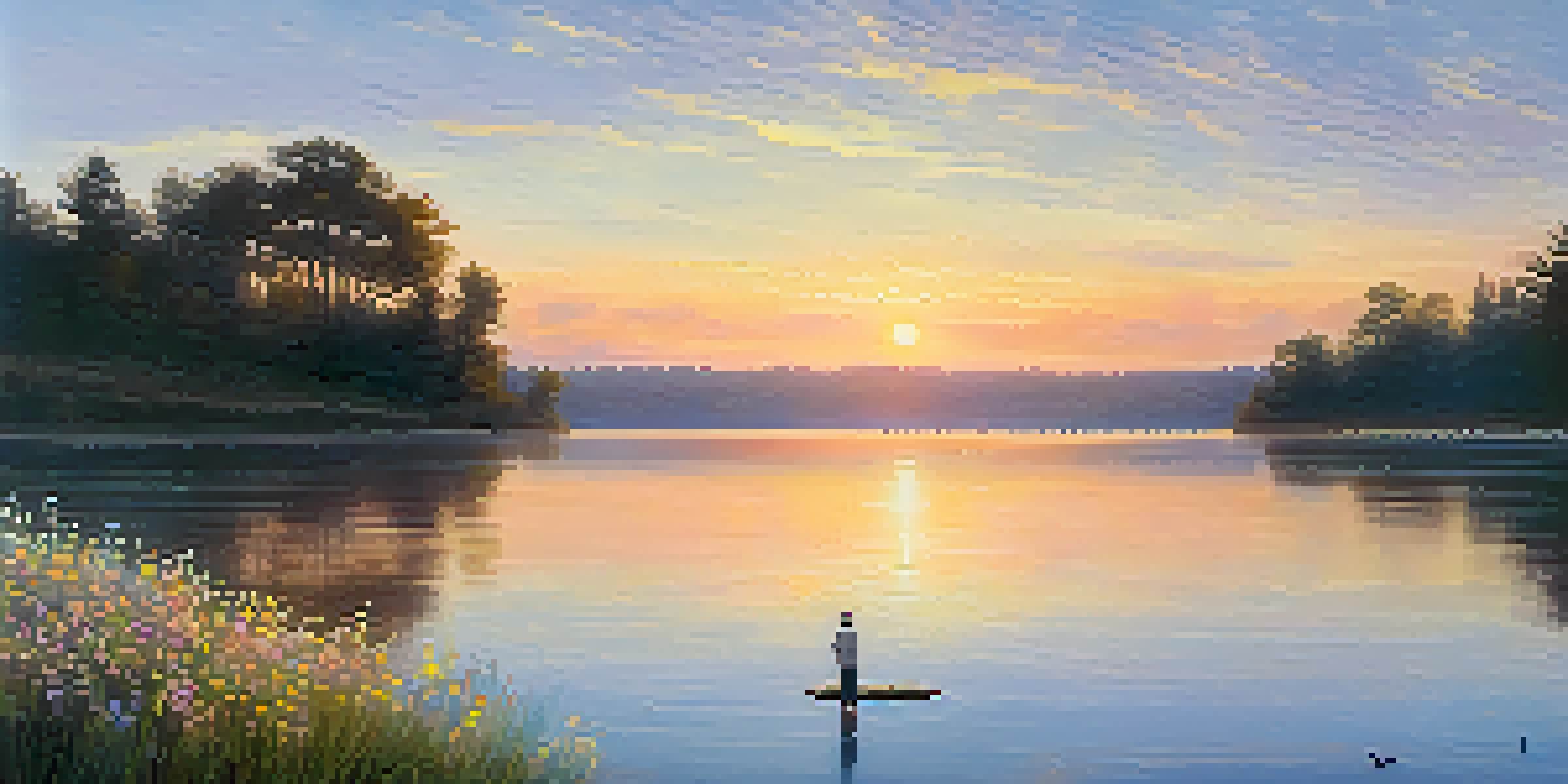 A person standing by a tranquil lake at sunrise, arms raised in gratitude, with colorful reflections on the water and blooming wildflowers in the foreground.