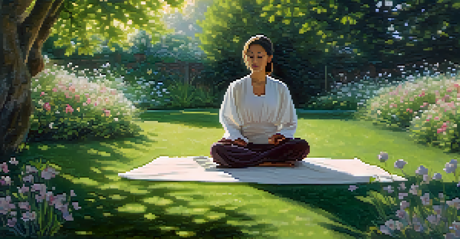 A person meditating in a peaceful garden surrounded by flowers and sunlight, embodying mindfulness and tranquility.