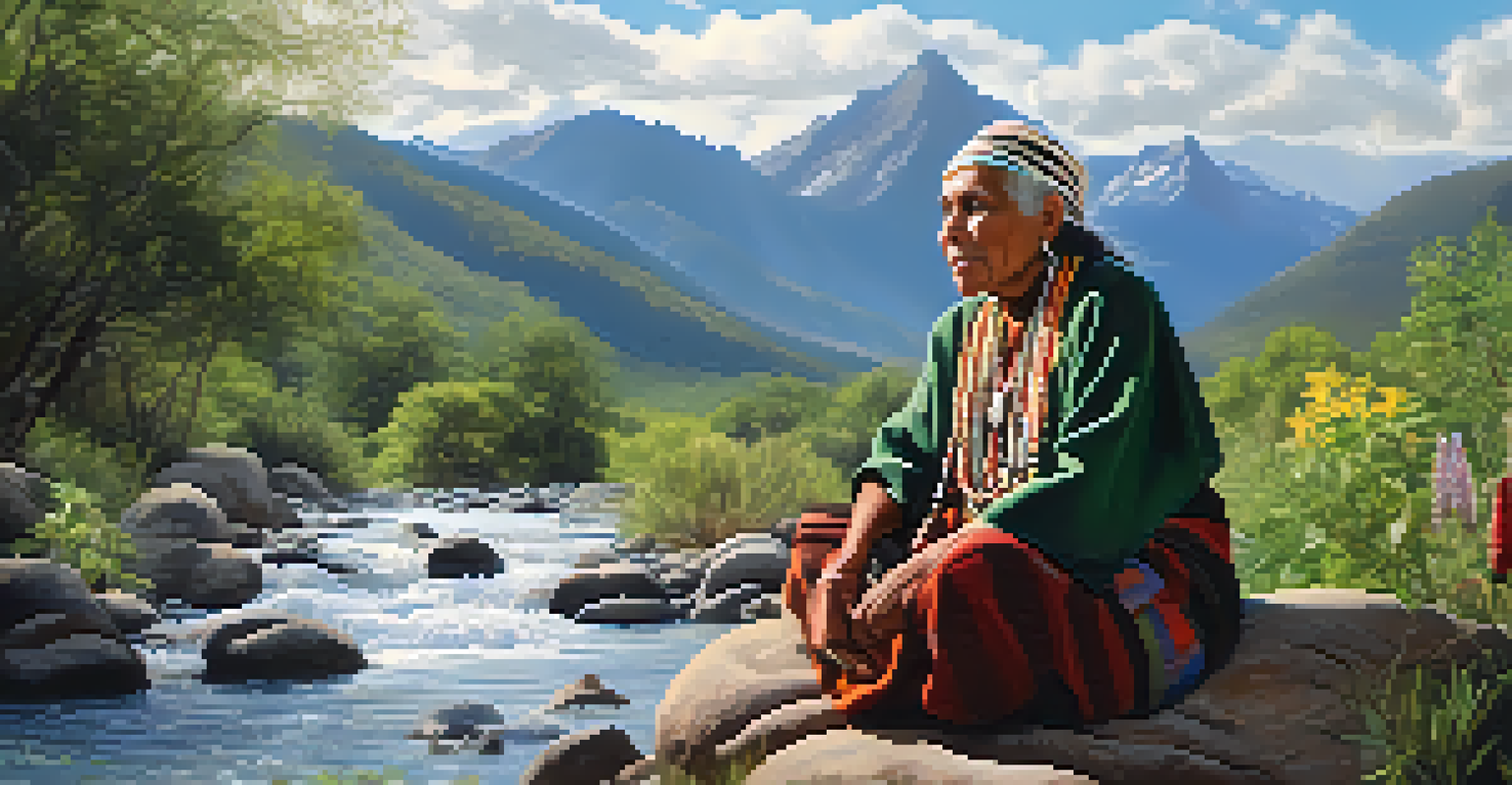 An Indigenous elder healer by a river, surrounded by herbs, dressed in traditional clothing, with mountains in the background.