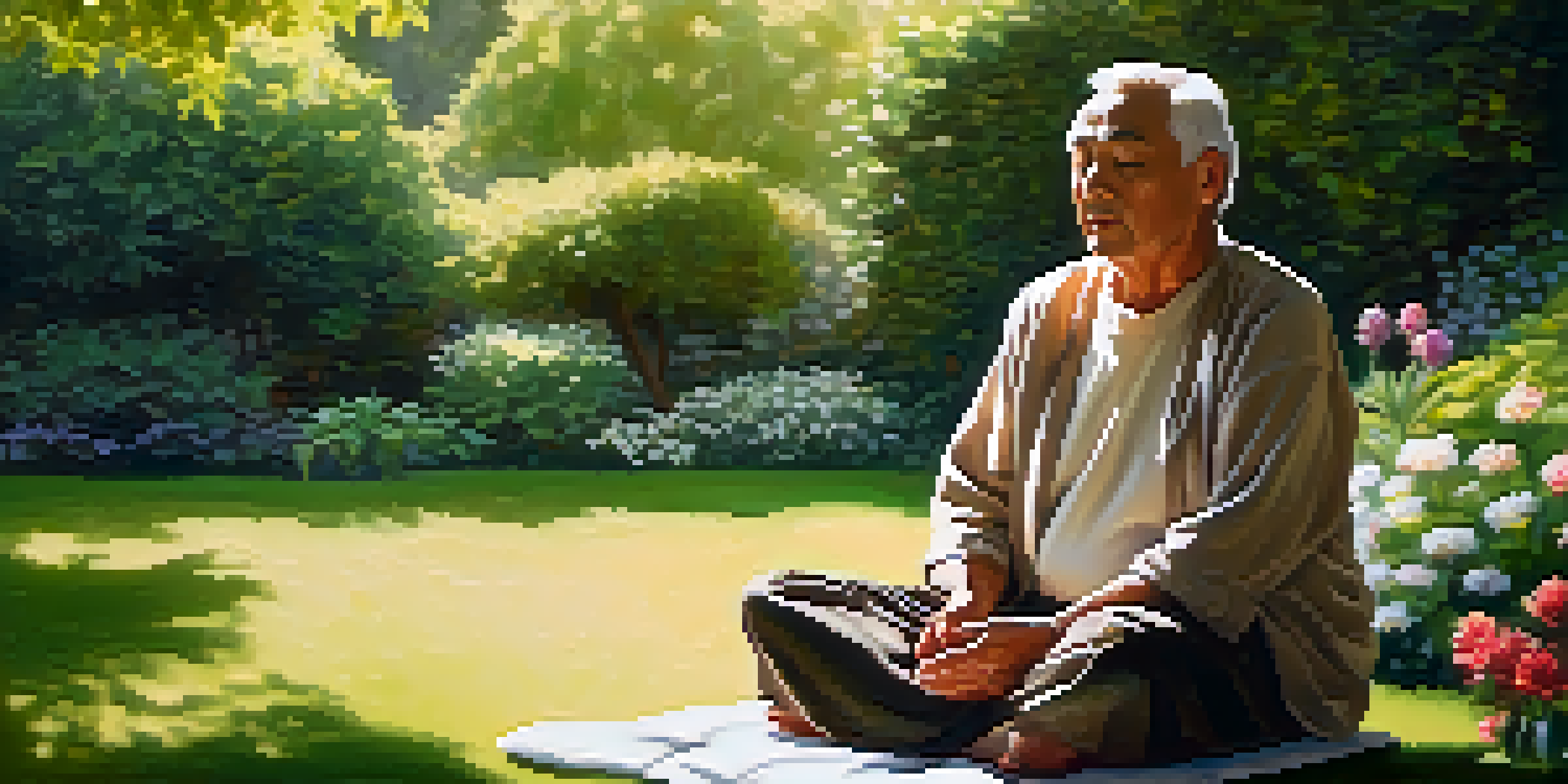 An older adult meditating in a garden, surrounded by greenery and flowers, with sunlight filtering through the leaves.