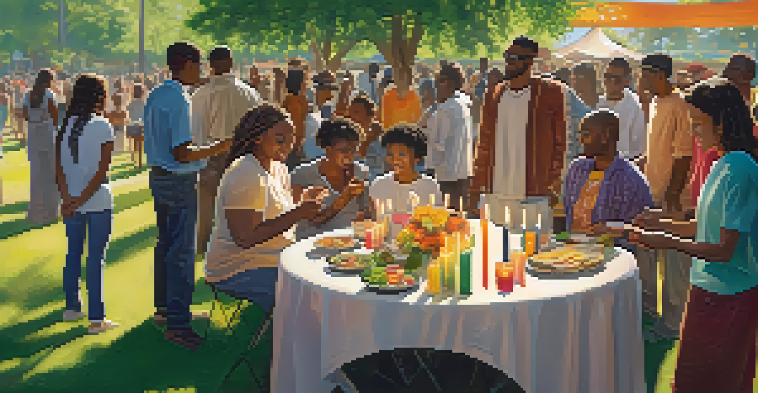 A diverse group of people gathered in a park, engaging in a joyful community ritual with colorful decorations.