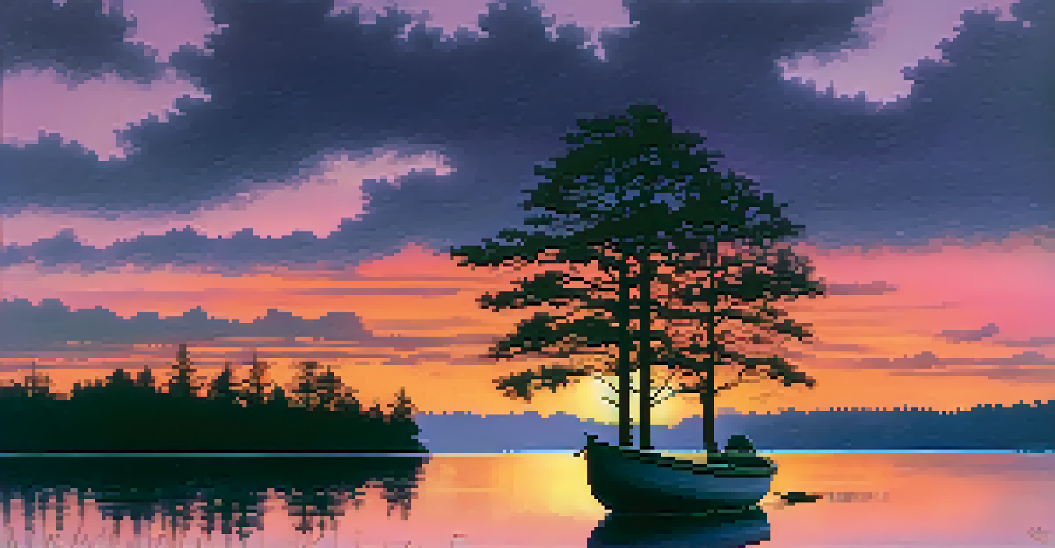 A lakeside at sunset with a colorful sky and a boat floating on the water, surrounded by silhouetted trees.