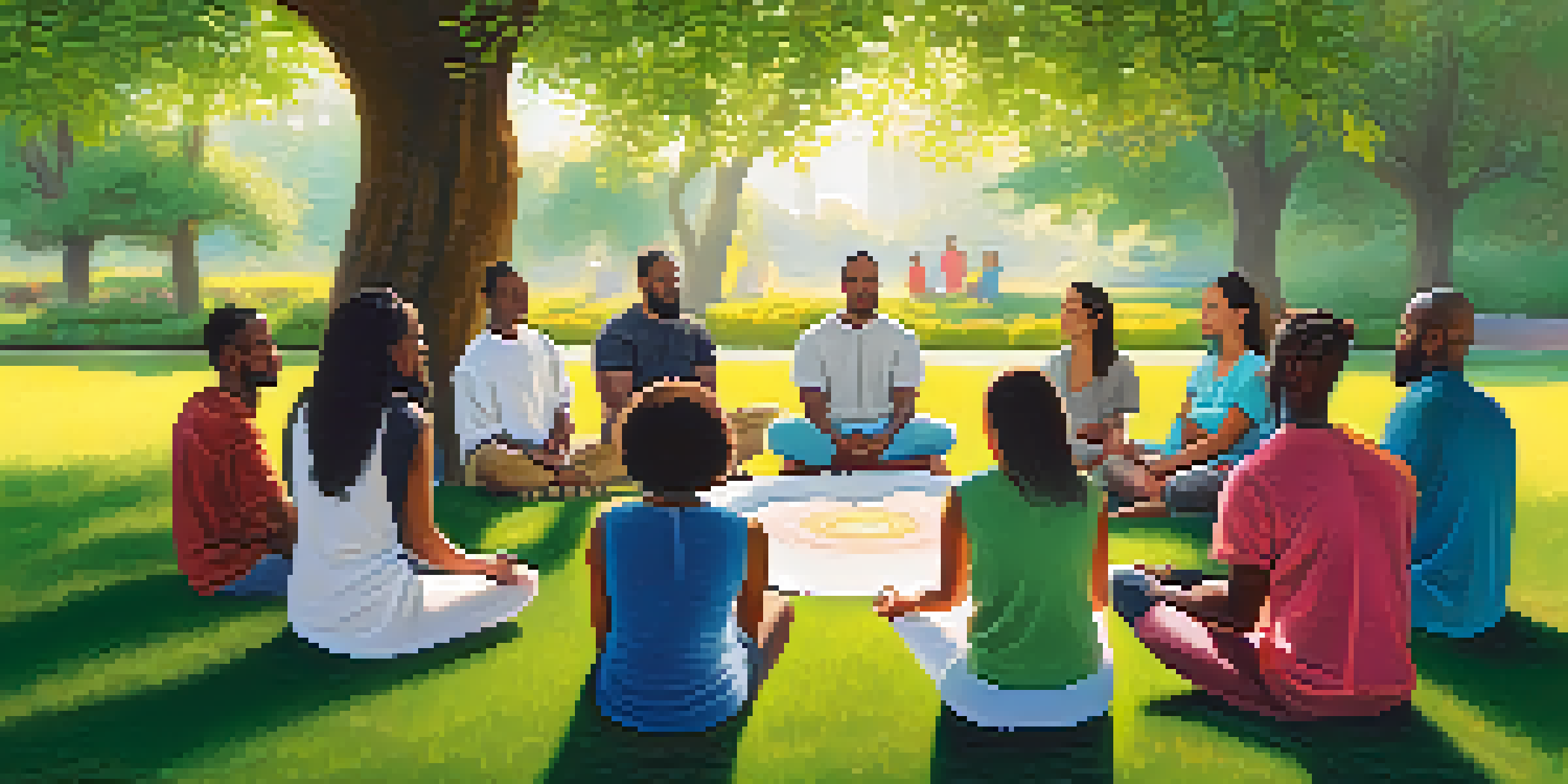 A diverse group of people meditating together in a green park, surrounded by trees and sunlight.