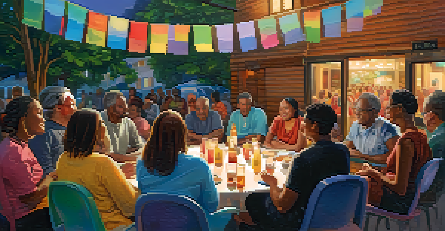 A diverse group of people sitting together, engaged in conversation, with banners promoting inclusivity in a cozy setting.