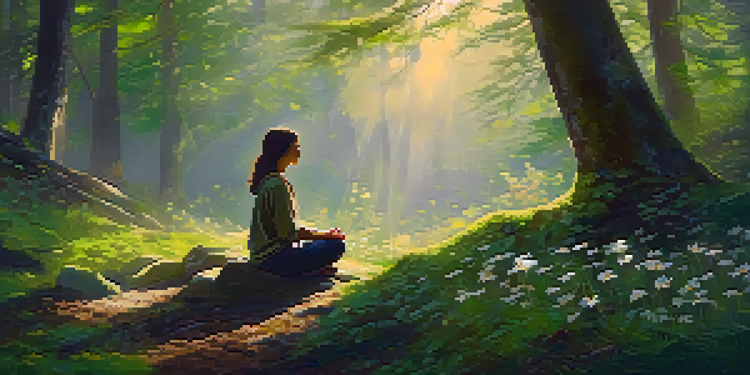A person meditating in a peaceful forest, surrounded by vibrant wildflowers and dappled sunlight filtering through the trees.