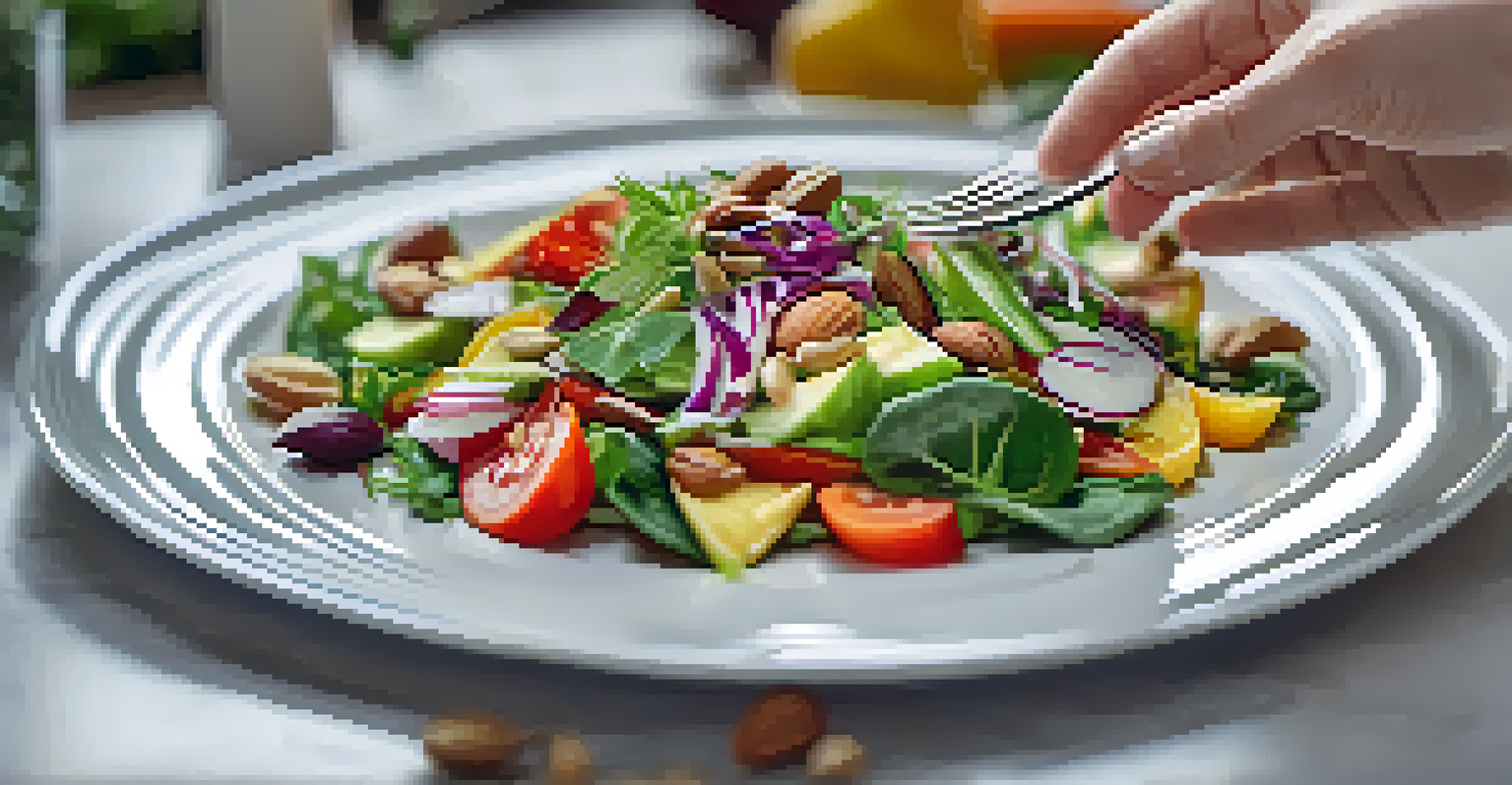 A close-up of a colorful salad on a plate, with a person's hands holding a fork, set on a dining table.