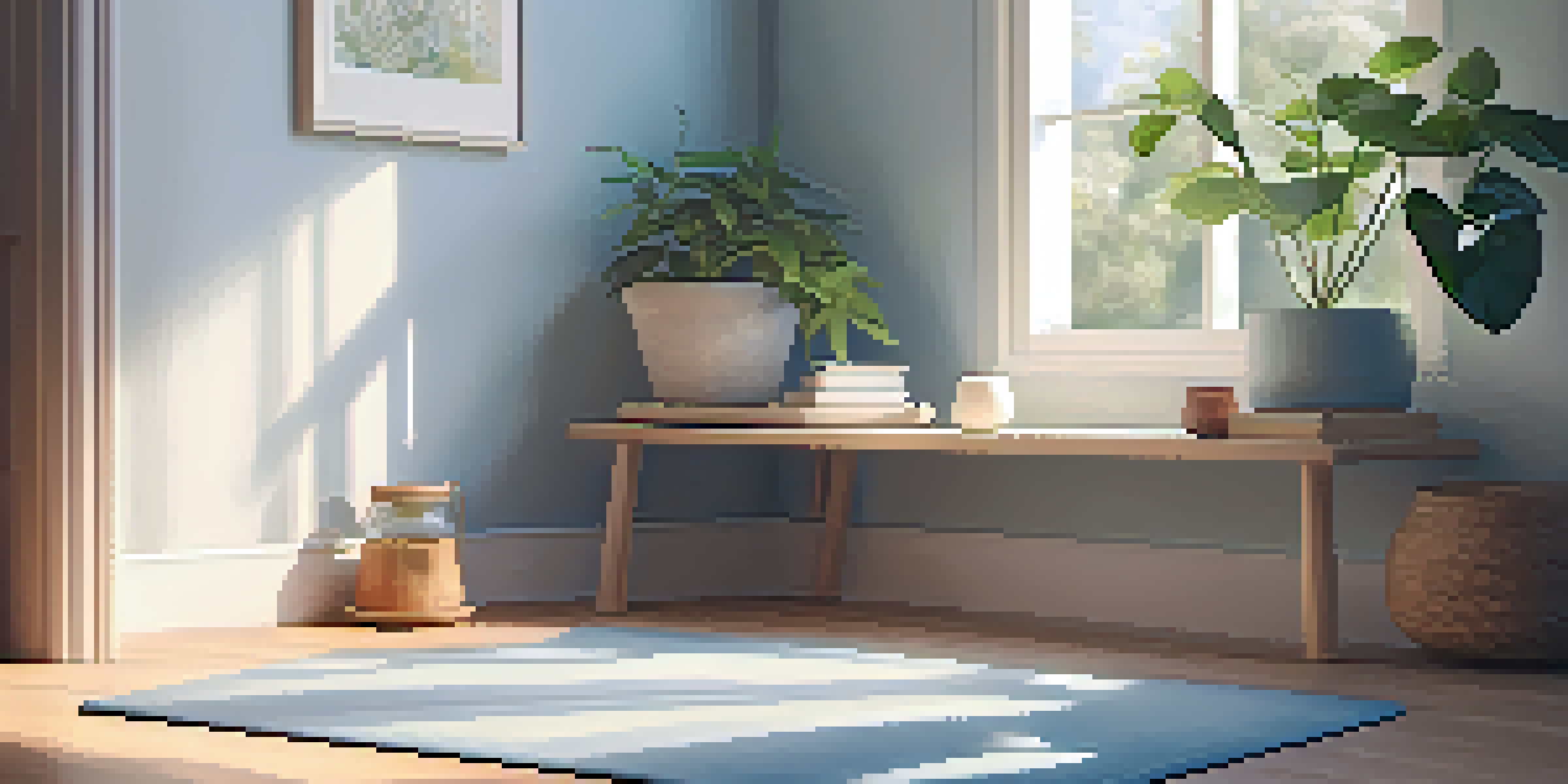 A peaceful meditation area with a soft mat, plants, and a window letting in natural light.