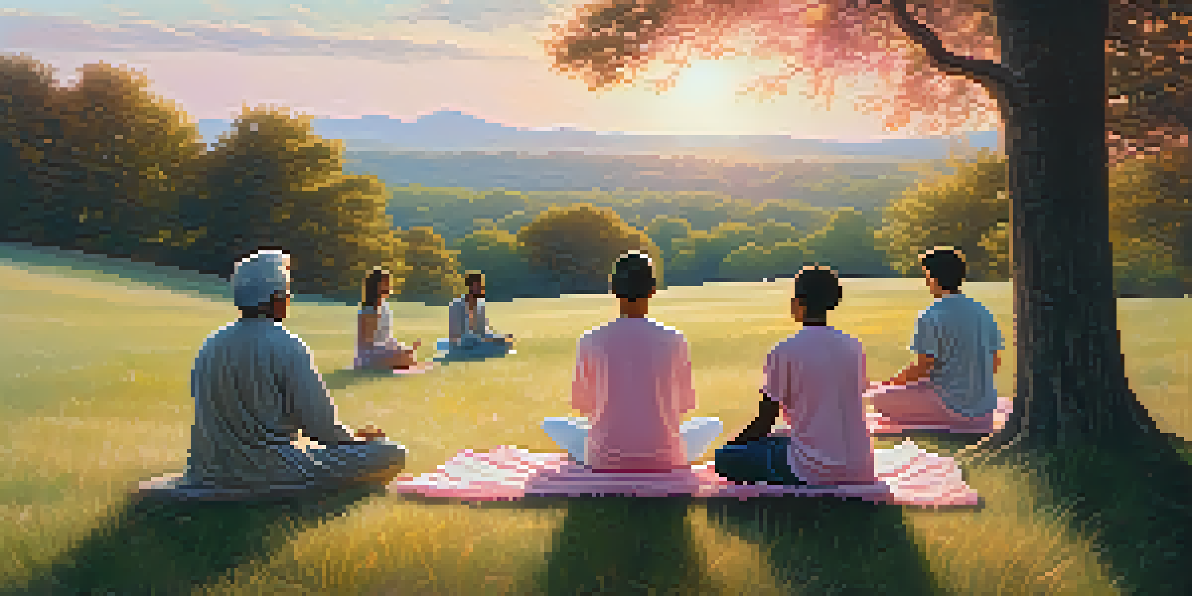 A diverse group of individuals meditating outdoors at sunrise on a grassy hilltop, surrounded by trees and soft pastel skies.