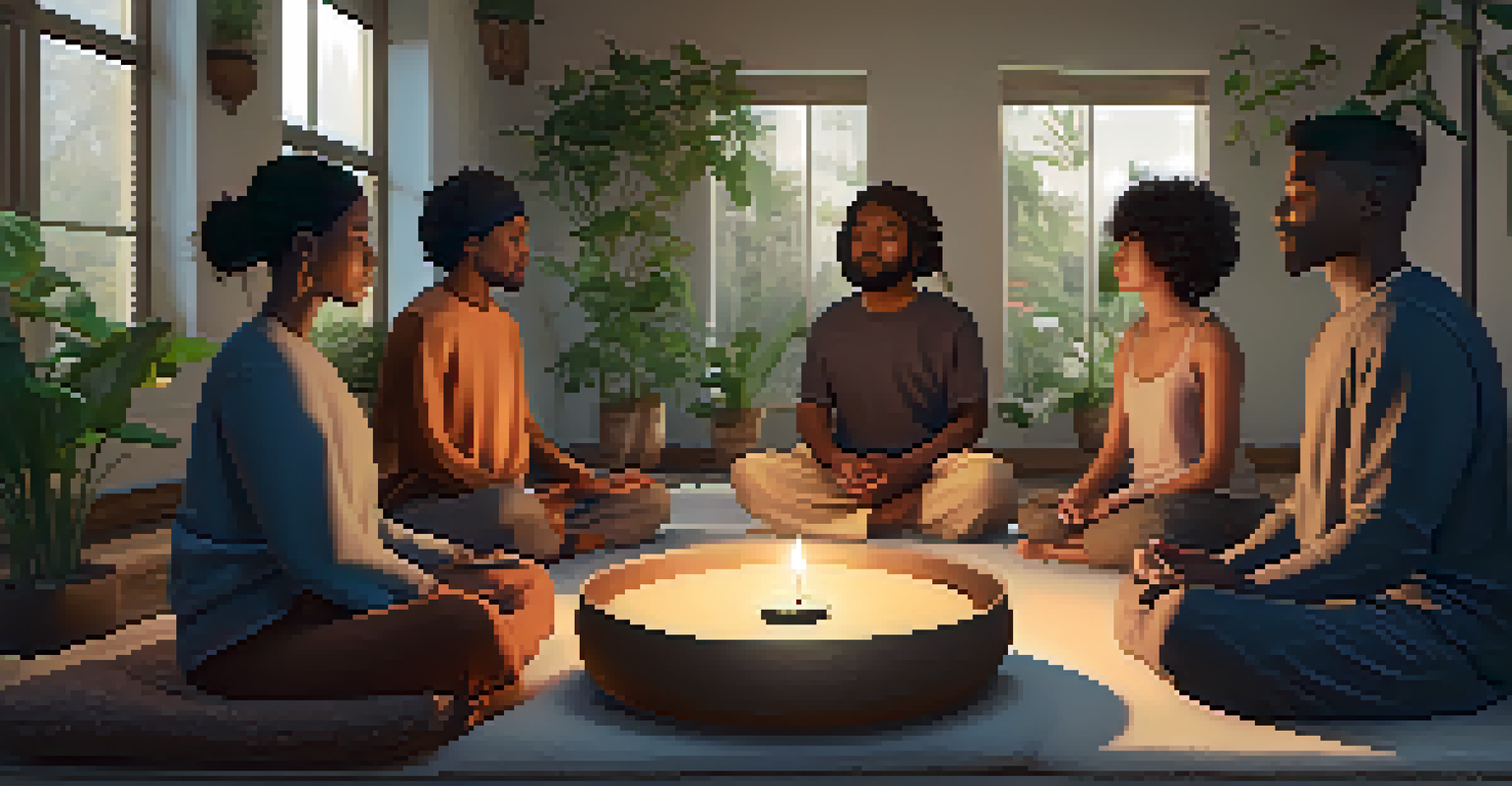 A group of people meditating together in a warm, inviting room filled with plants and soft lighting.