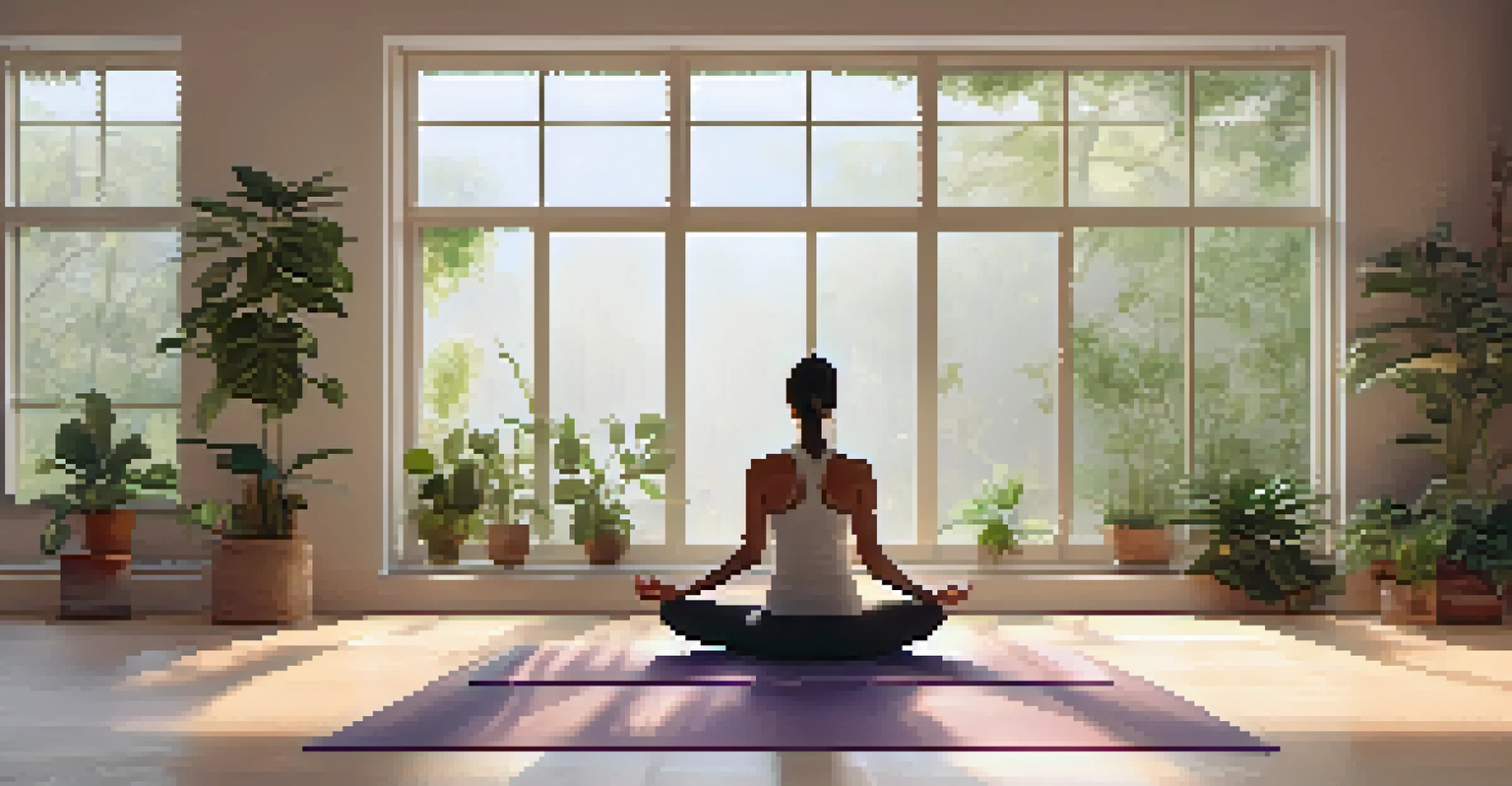 A yoga studio filled with natural light, showcasing a person in a yoga pose on a mat surrounded by plants and soft furnishings, with a serene view of nature outside.
