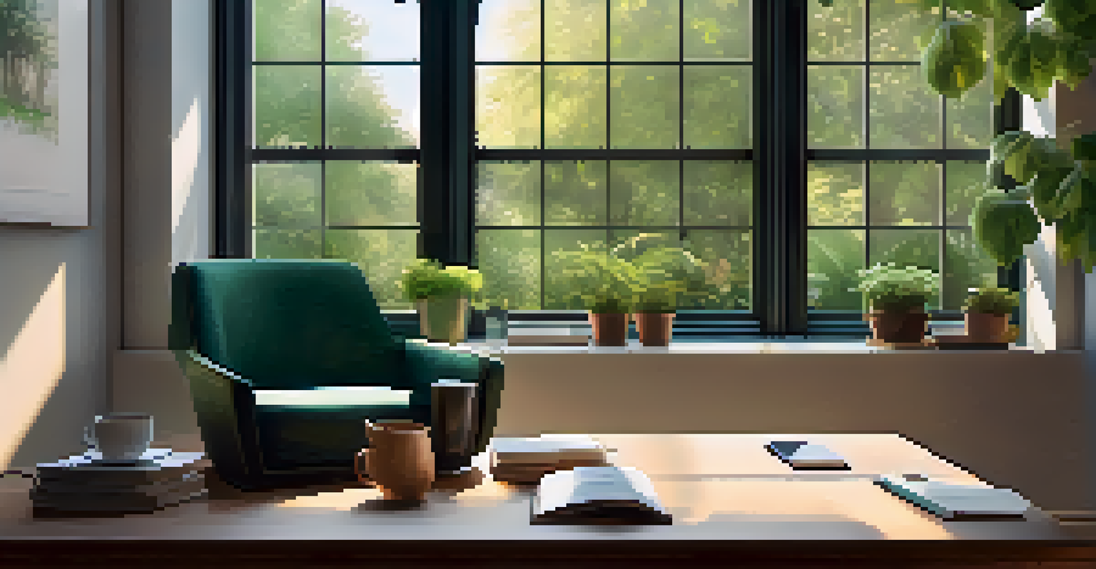 A cozy mindfulness corner in an office with a chair, tea, and a view of a green garden.