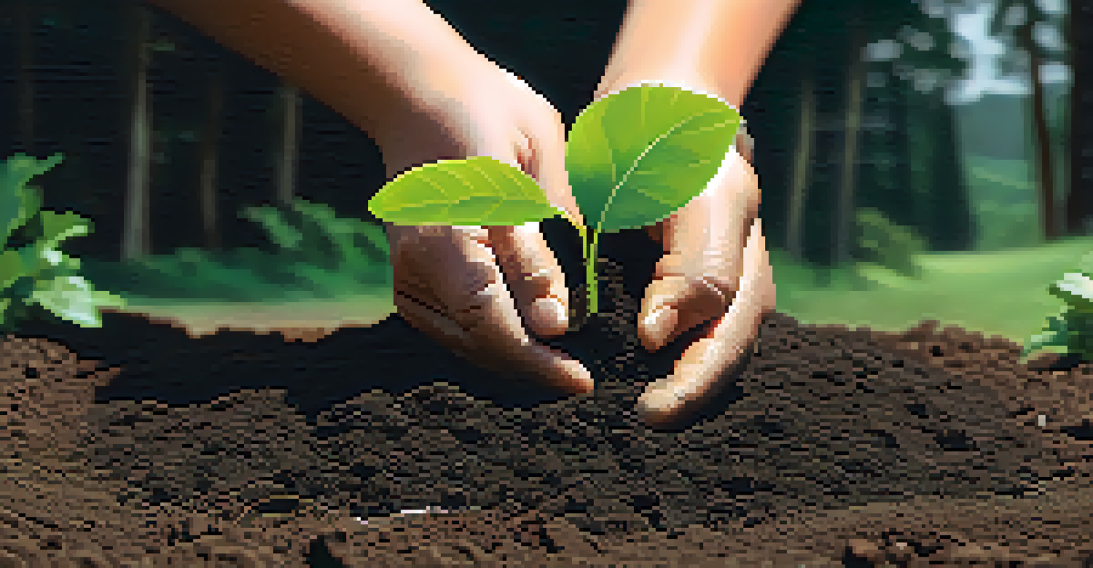 Close-up of hands planting a sapling in dark soil, representing care for nature and the environment.