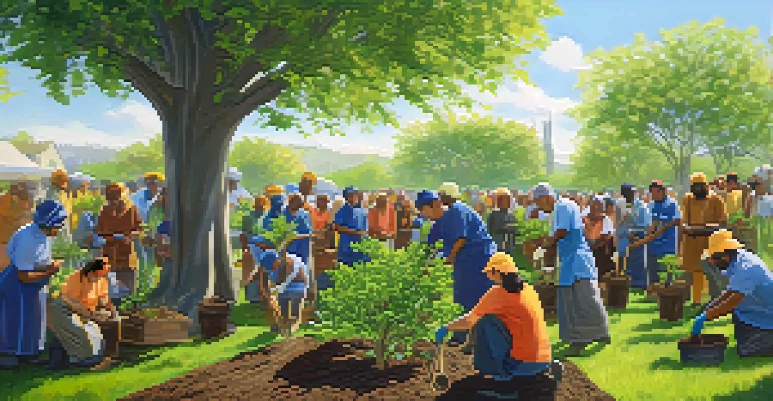 A diverse group of individuals planting trees together with smiles, showcasing teamwork and environmental care.