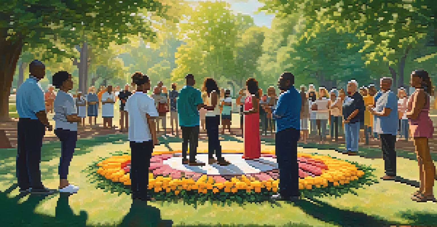 A diverse group of people holding hands in a circle during community prayer in a sunny park filled with flowers.