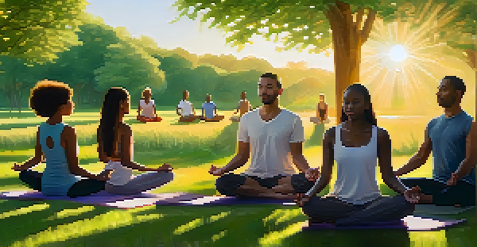 A diverse group of individuals practicing mindfulness in a park at sunset, engaging in various self-care activities like yoga and meditation.