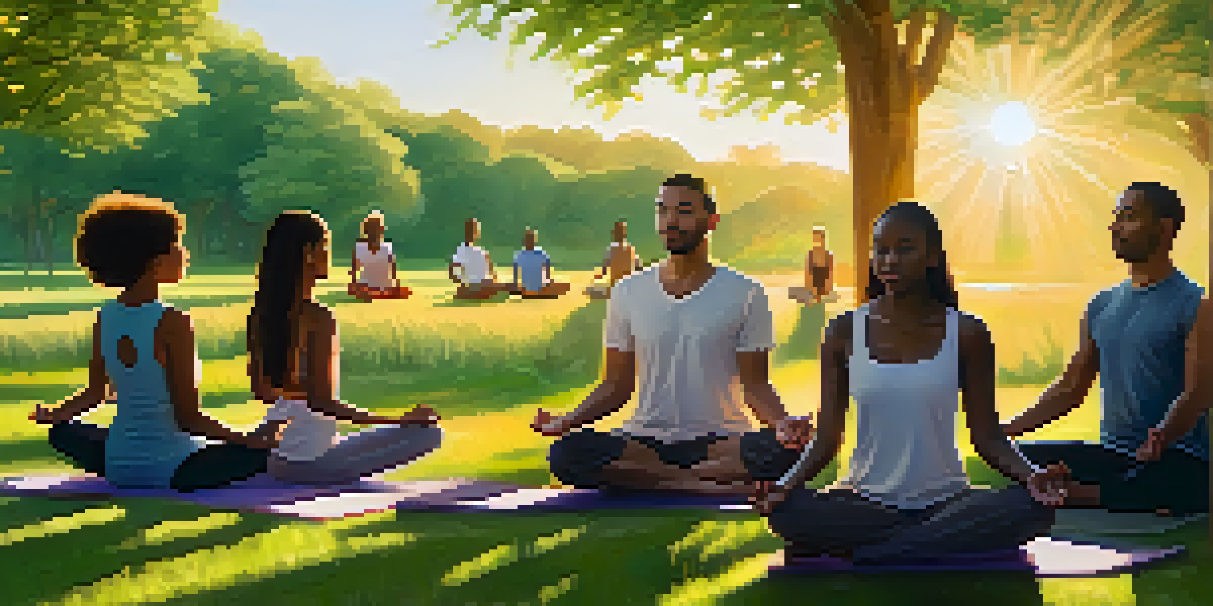 A diverse group of individuals practicing mindfulness in a park at sunset, engaging in various self-care activities like yoga and meditation.