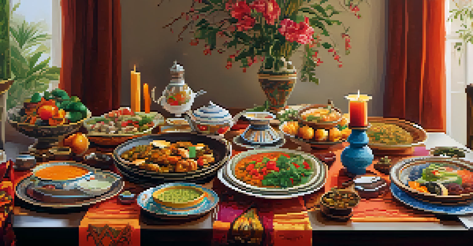 A dining table set with traditional dishes from various cultures, decorated with colorful textiles and candles.