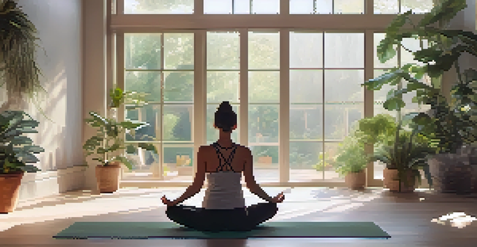 A person practicing yoga in a peaceful indoor space filled with plants and natural light.