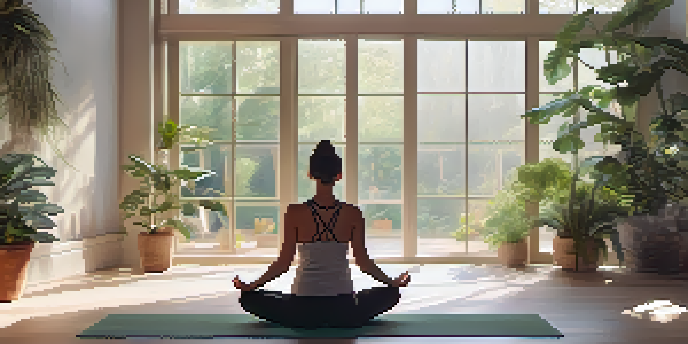 A person practicing yoga in a peaceful indoor space filled with plants and natural light.