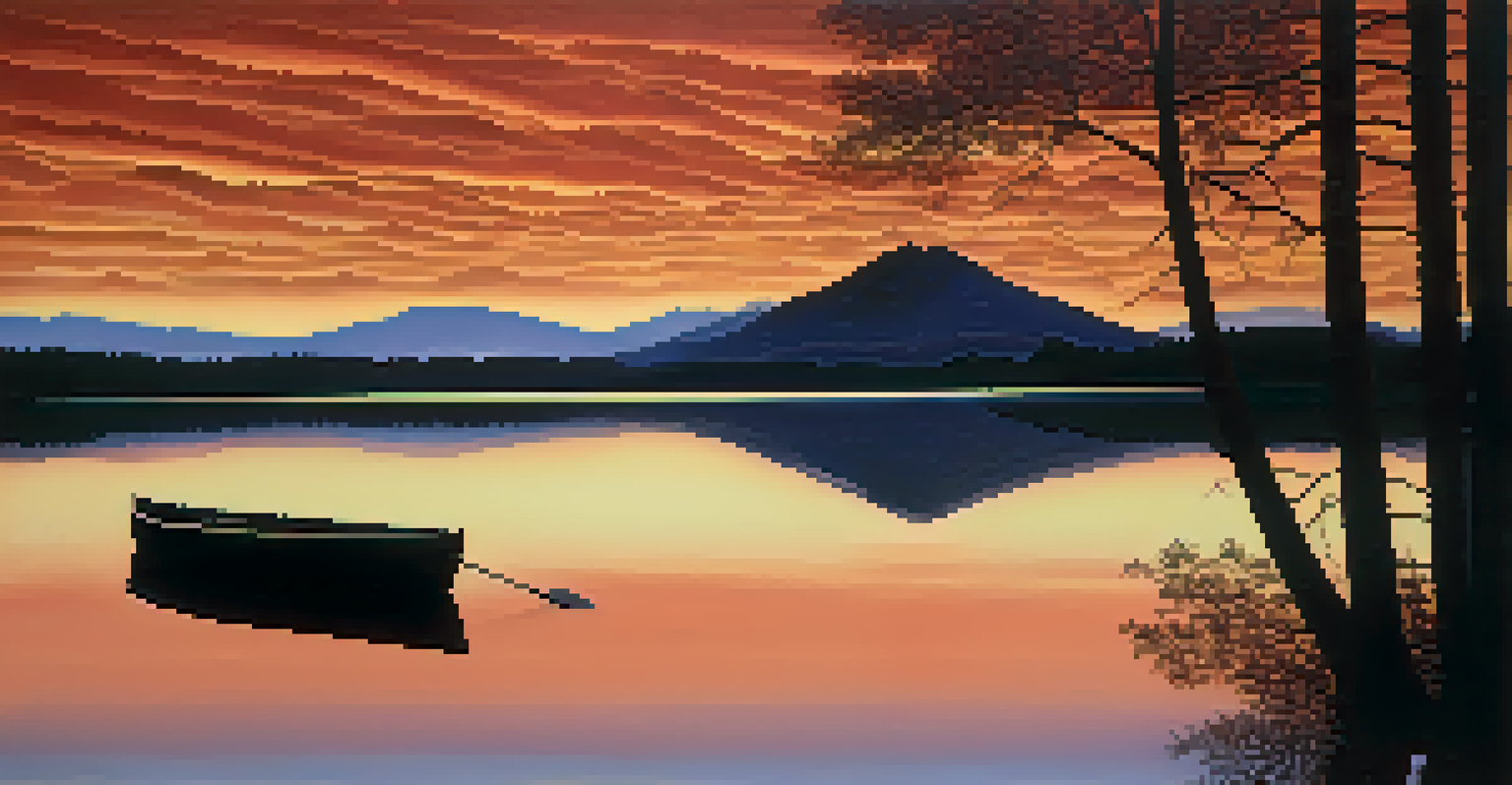 A still lake at sunset reflecting vibrant colors of the sky with silhouettes of trees and mountains.