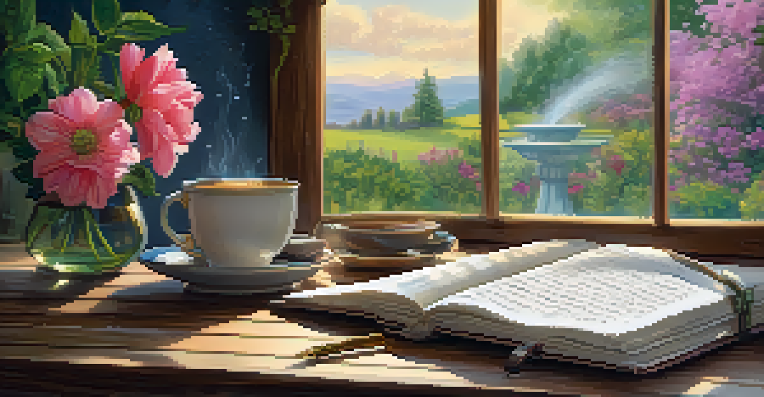 An open journal with affirmations written on the pages and a cup of tea beside it. A garden can be seen through the window.