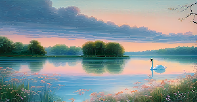 A tranquil lake at dawn with soft pastel colors reflecting on the water, a swan gliding across and wildflowers in the foreground.