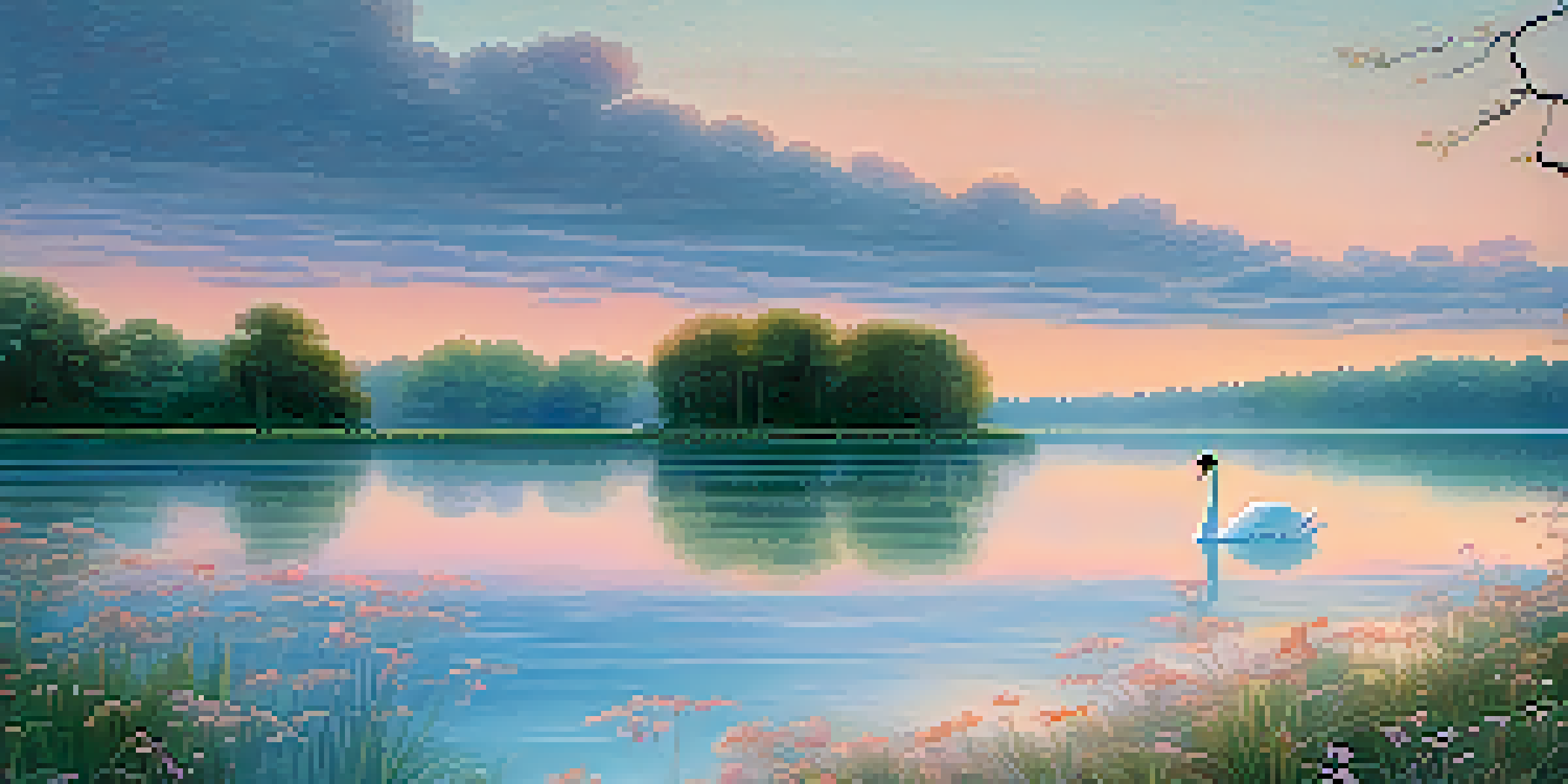 A tranquil lake at dawn with soft pastel colors reflecting on the water, a swan gliding across and wildflowers in the foreground.