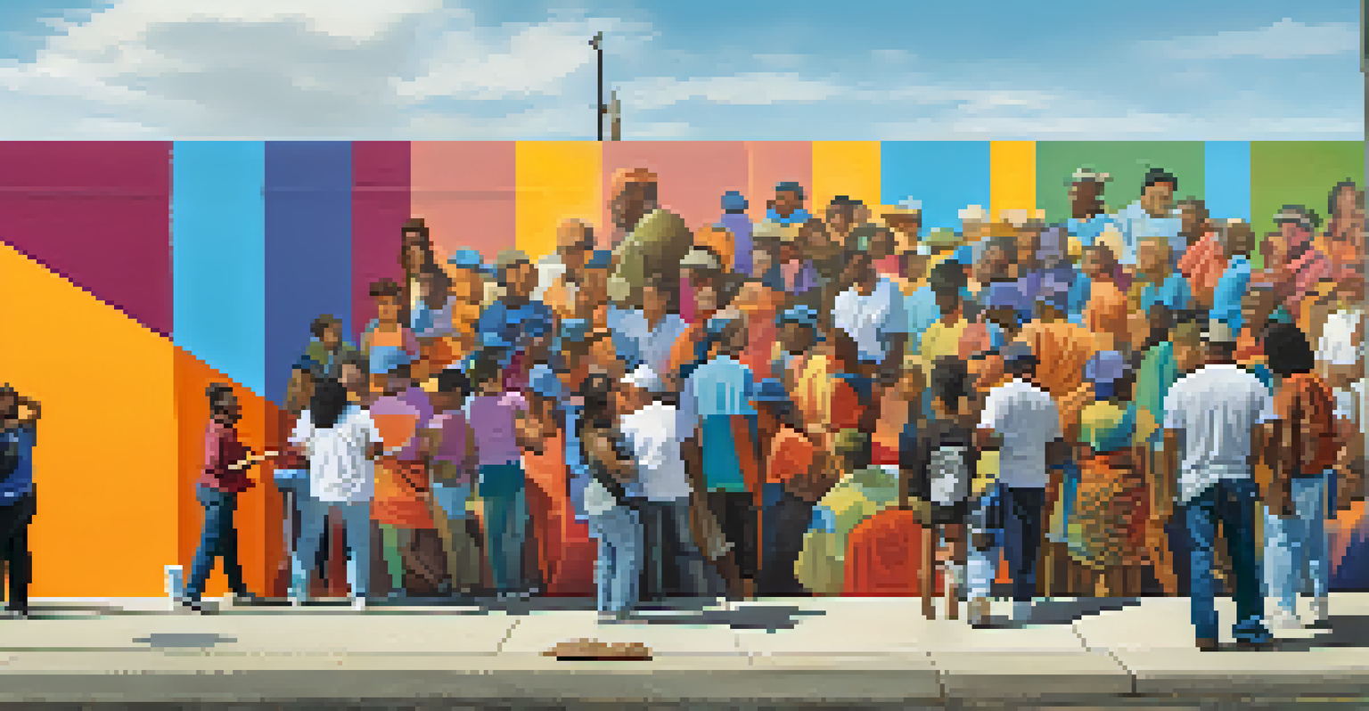 A diverse group of individuals working together on a colorful community mural, showcasing unity and healing.