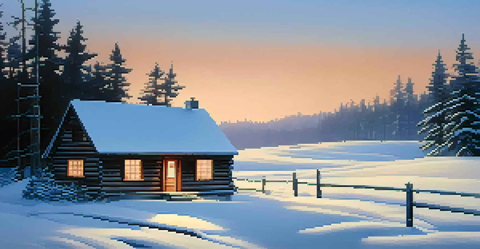 A winter scene with a snow-covered cabin and pine trees under a twilight sky.