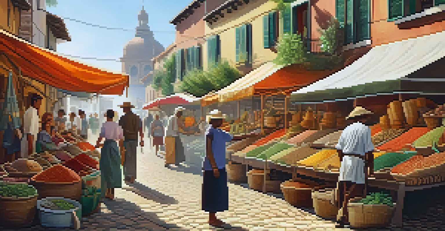 An outdoor market bustling with people and vibrant herbs and spices displayed in baskets, under soft sunlight casting shadows.