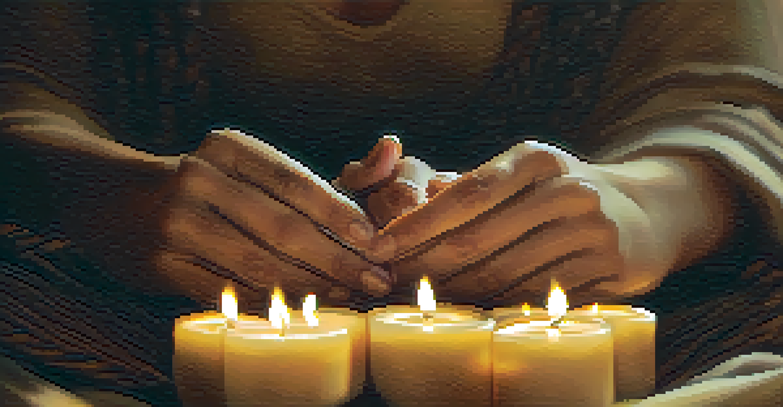 Close-up of hands in a meditative pose, surrounded by candles and incense, creating a peaceful atmosphere.