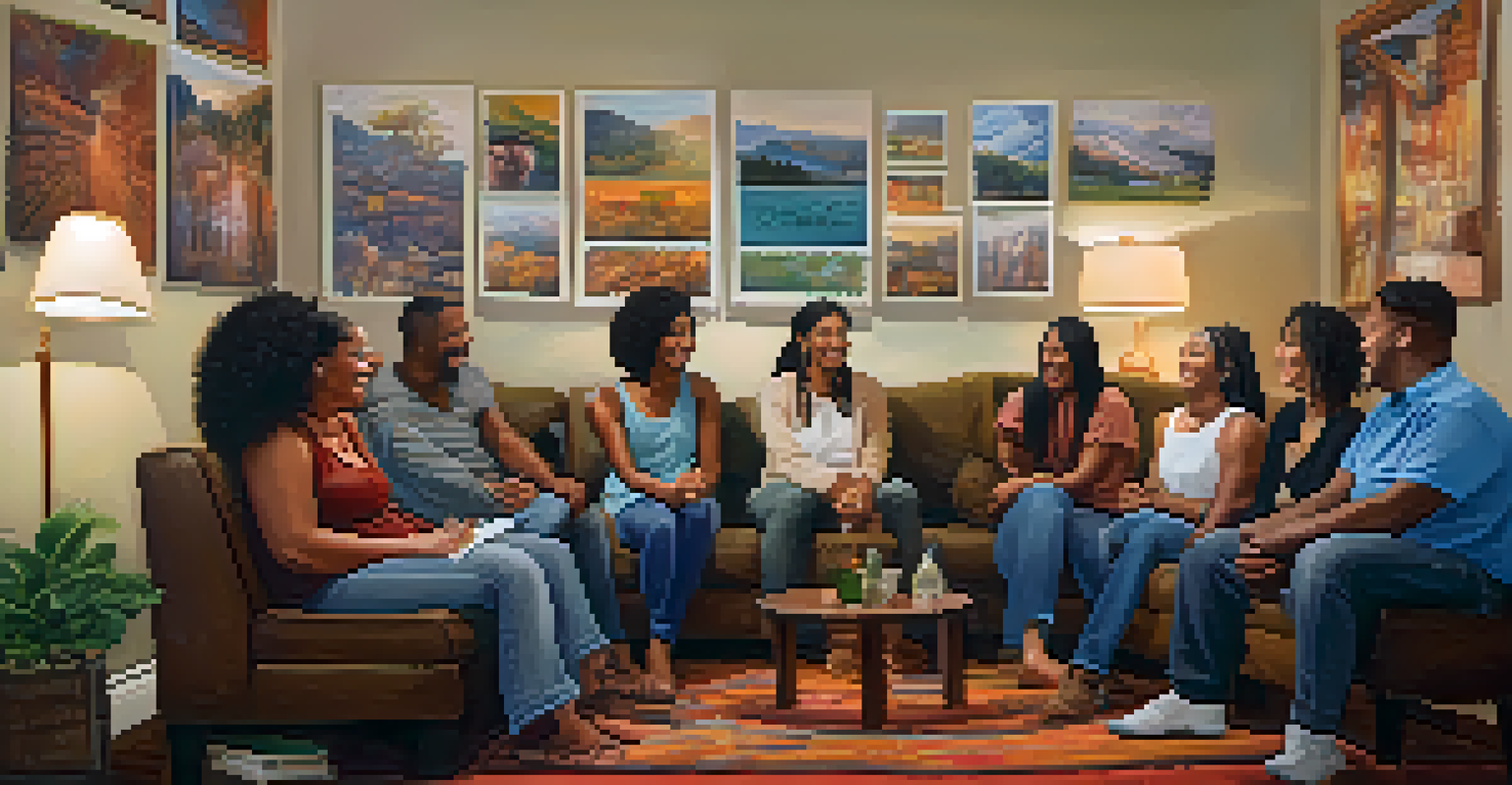 A supportive community gathering in a cozy room, with individuals sharing experiences in a circle, expressing a range of emotions.