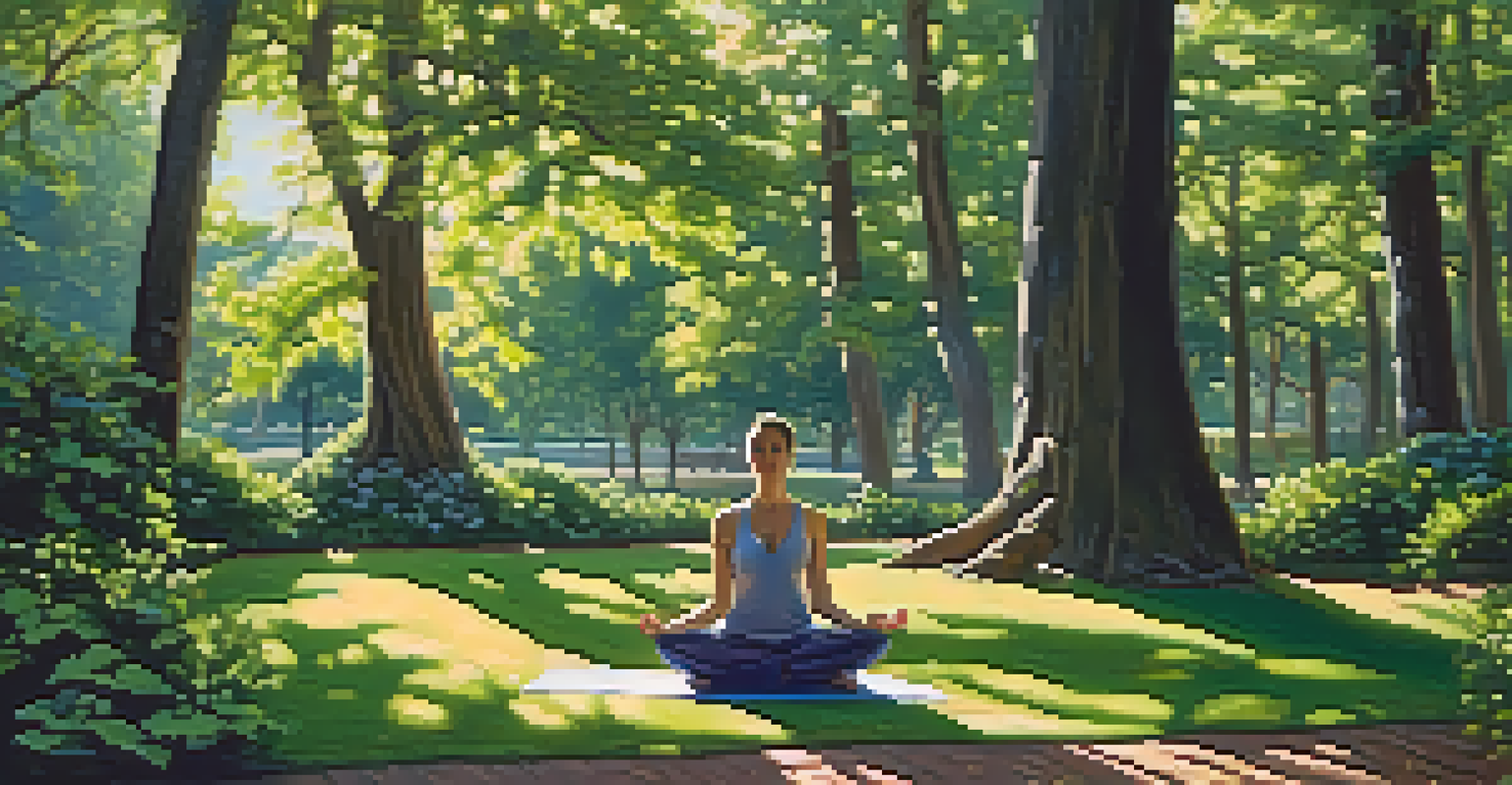 A person practicing yoga in a vibrant park filled with flowers and trees, performing a Warrior pose under sunlight filtering through the leaves.