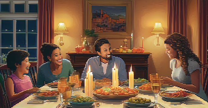 A warm and inviting family dinner with diverse members sharing stories around a beautifully set table, illuminated by candlelight and a sunset outside the window.