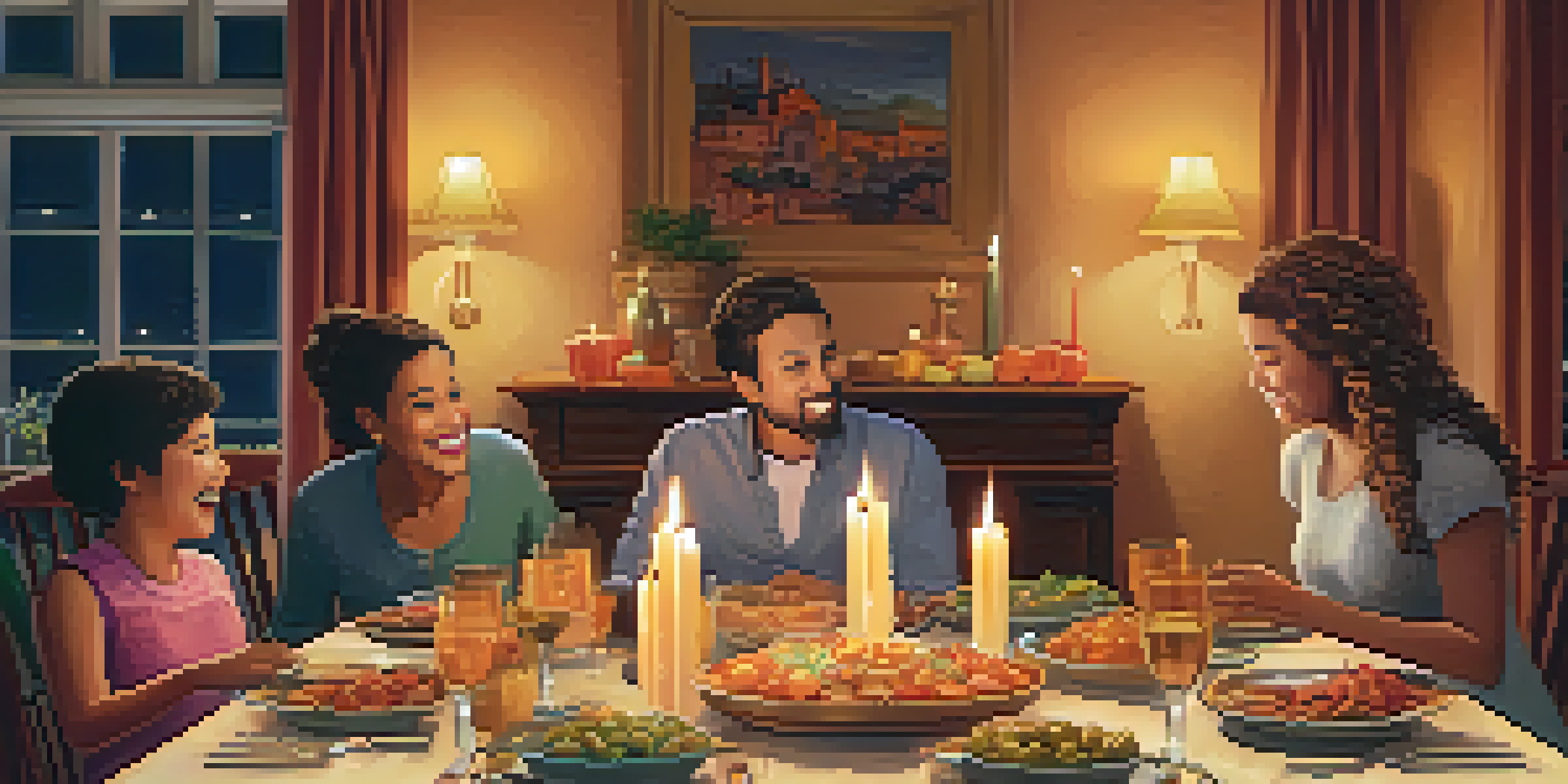 A warm and inviting family dinner with diverse members sharing stories around a beautifully set table, illuminated by candlelight and a sunset outside the window.