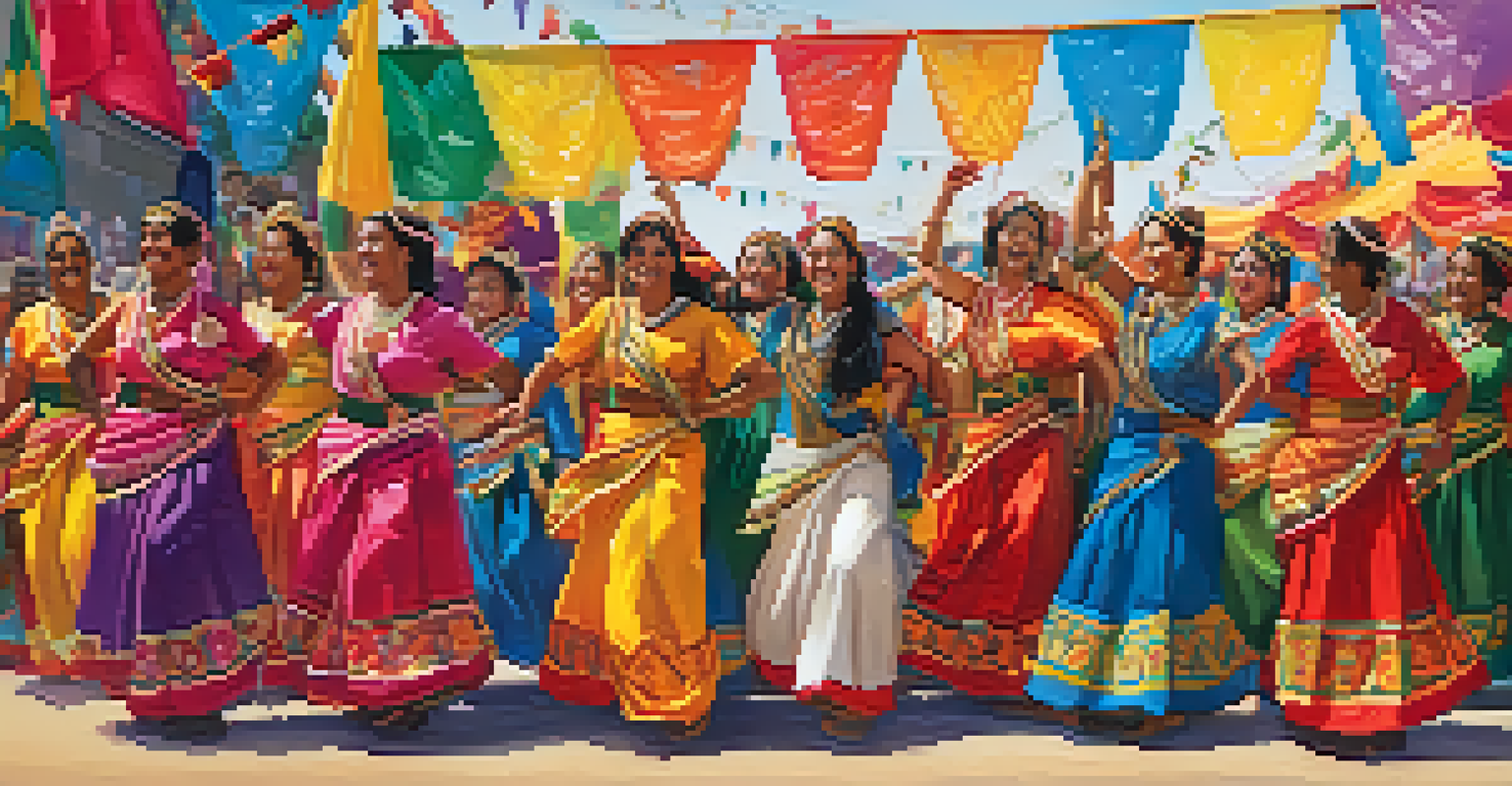 A diverse group of people dancing at a community festival, wearing colorful costumes and surrounded by decorations.
