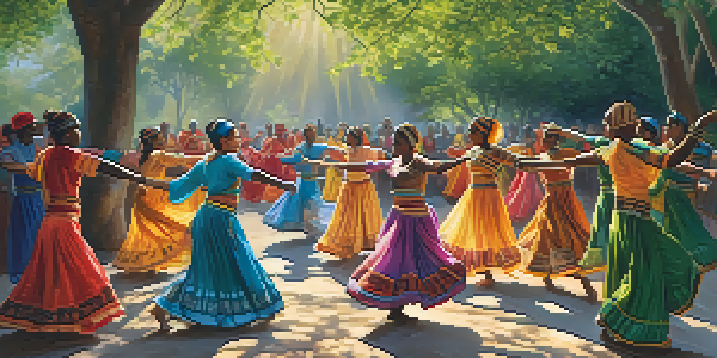 A diverse group of people dancing in a circle under trees, wearing traditional attire in vibrant colors, with sunlight filtering through the leaves.