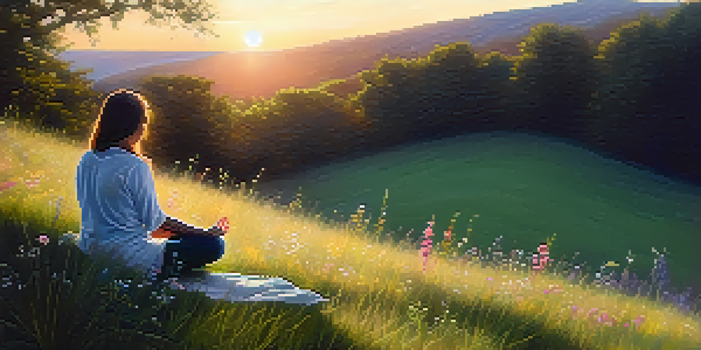 A person meditating on a hill at sunrise, surrounded by flowers and soft morning light.