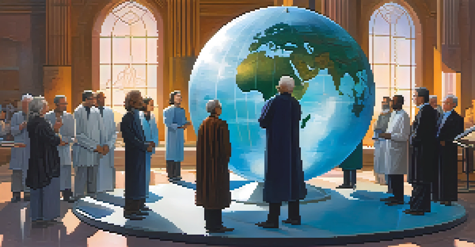 A diverse group of scientists and spiritual leaders discussing around a holographic globe, symbolizing collaboration between science and spirituality.