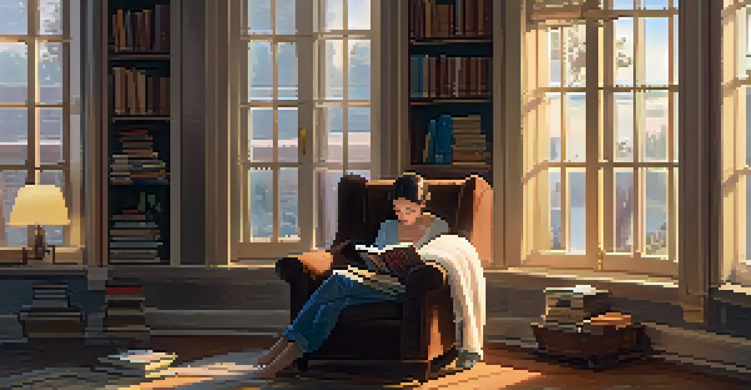 A person reading a book in a cozy armchair by a window on a rainy day.