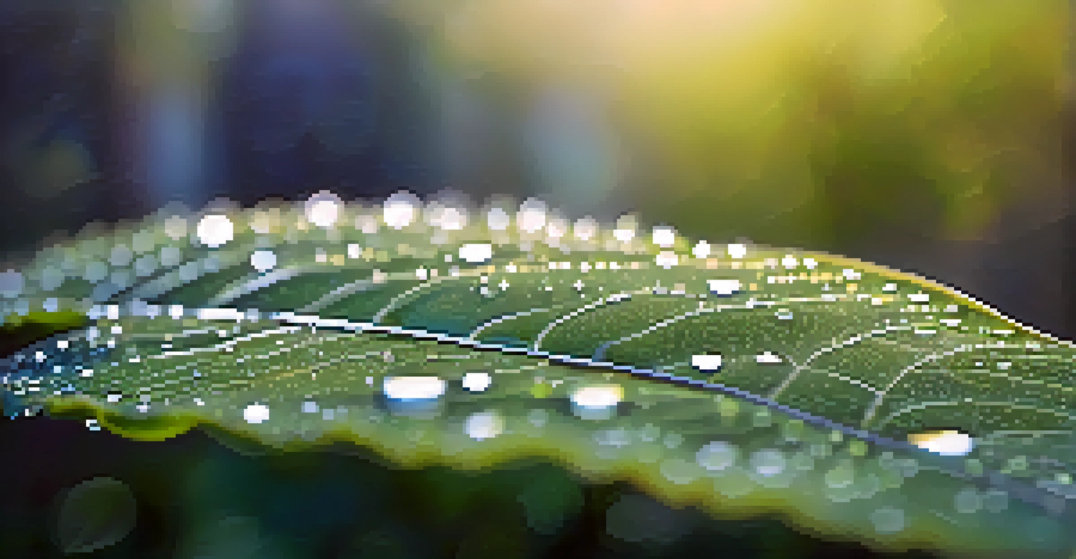 A close-up of a leaf with dew drops and blurred trees and flowers in the background.