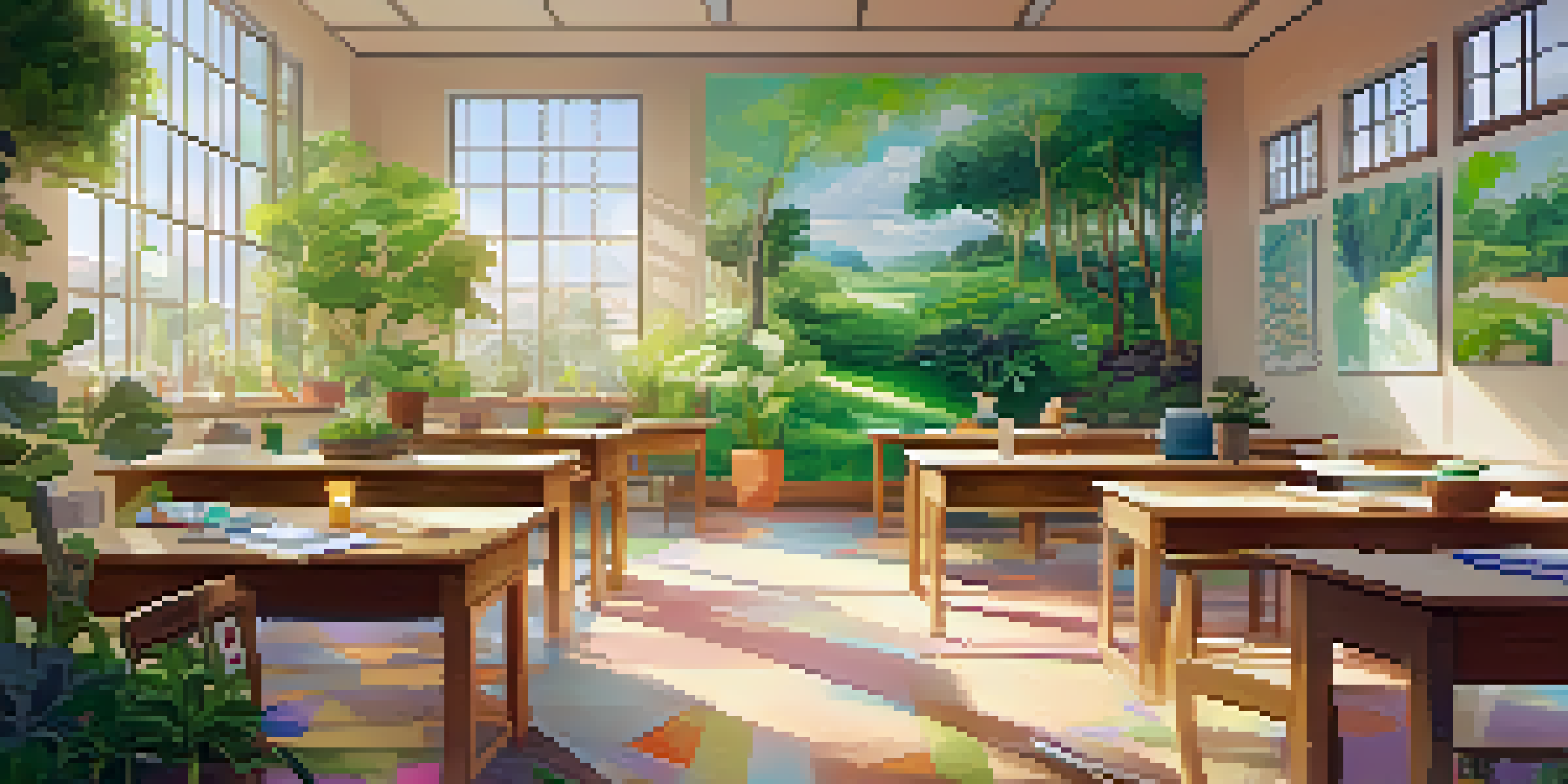 A bright and peaceful classroom with students practicing mindfulness and journaling, surrounded by plants and inspirational artwork.