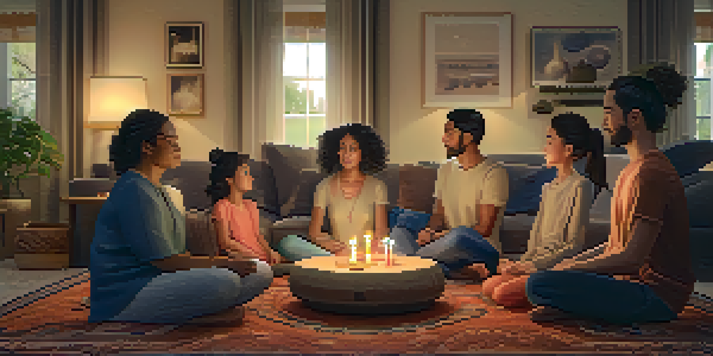 A family gathered in a cozy living room, meditating together on a plush rug, surrounded by warm lighting and spiritual symbols.