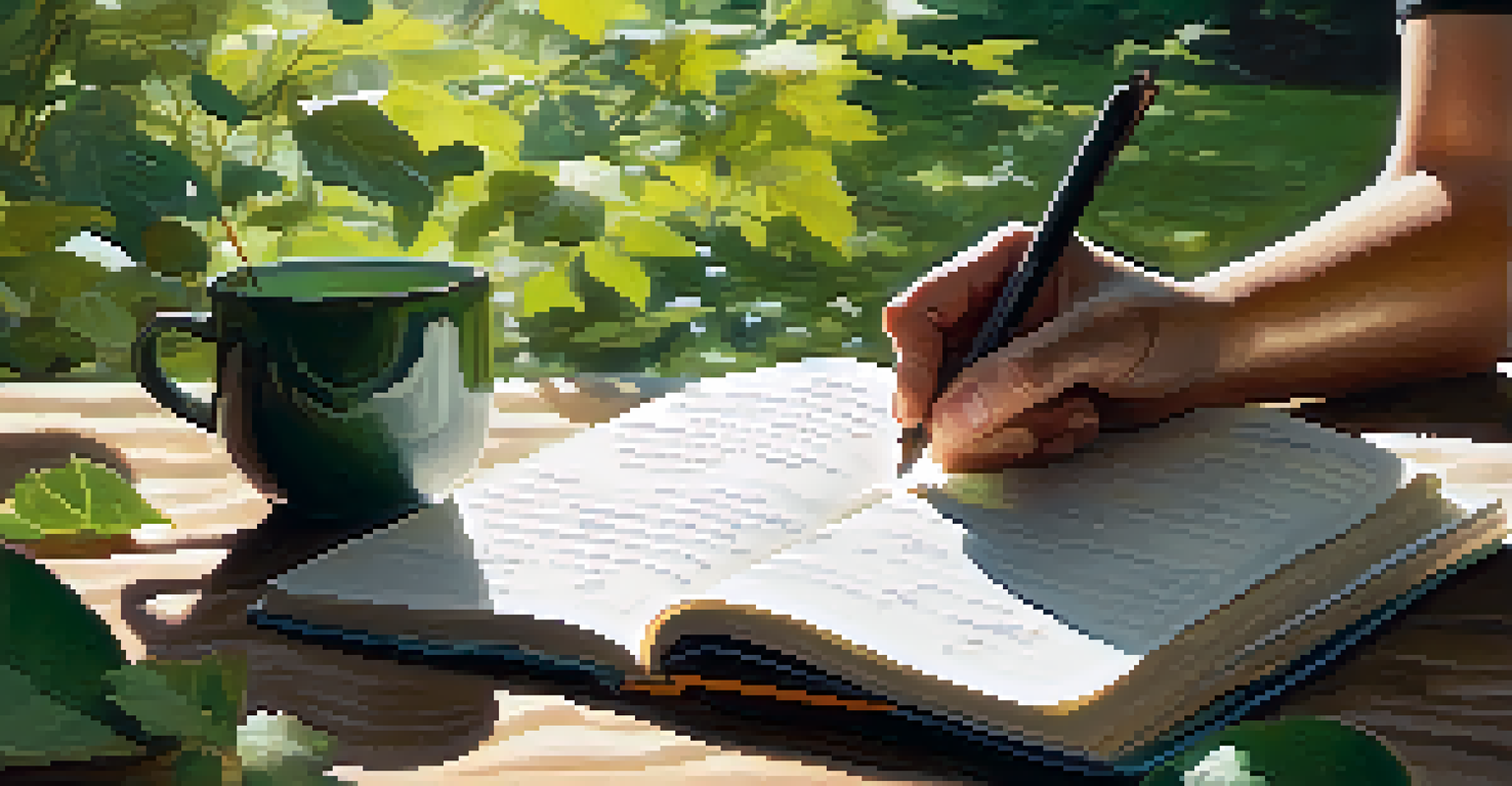Close-up of hands writing in a gratitude journal surrounded by nature and a cup of tea.