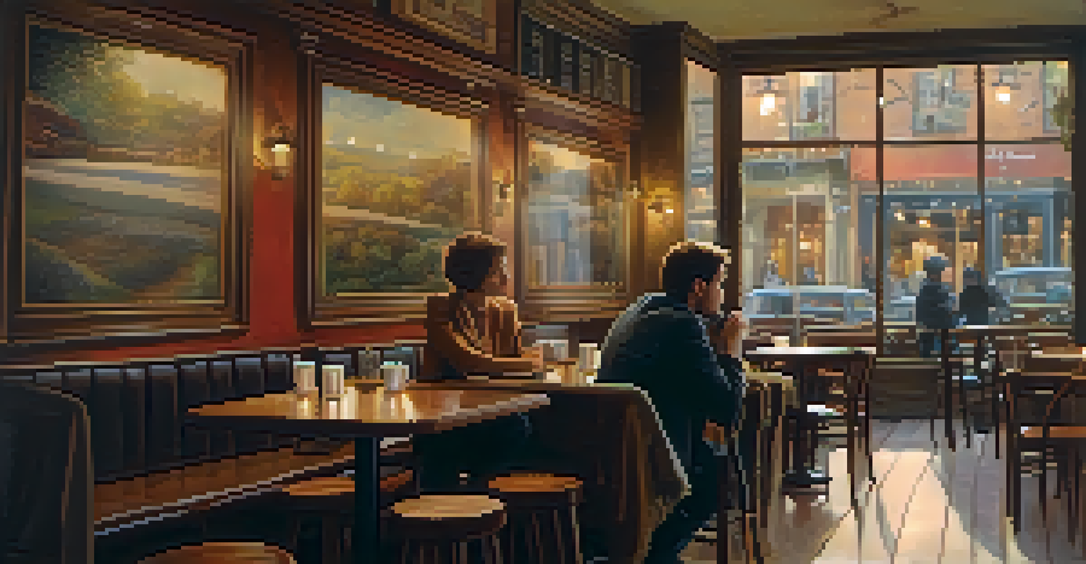 Two people having a mindful conversation in a cozy café, with warm lighting and coffee cups.