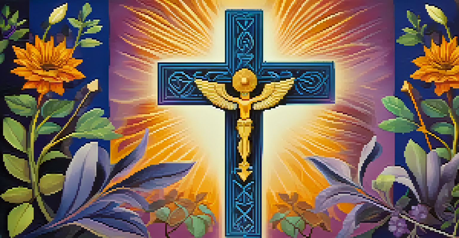 A colorful arrangement of spiritual symbols like the heart, cross, and ankh intertwined with natural elements, against a gradient blue to purple background.