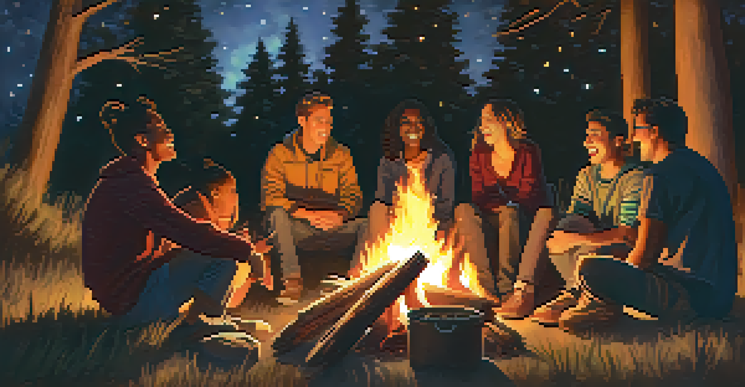 A group of friends enjoying a campfire under a starry sky, sharing stories and laughter.