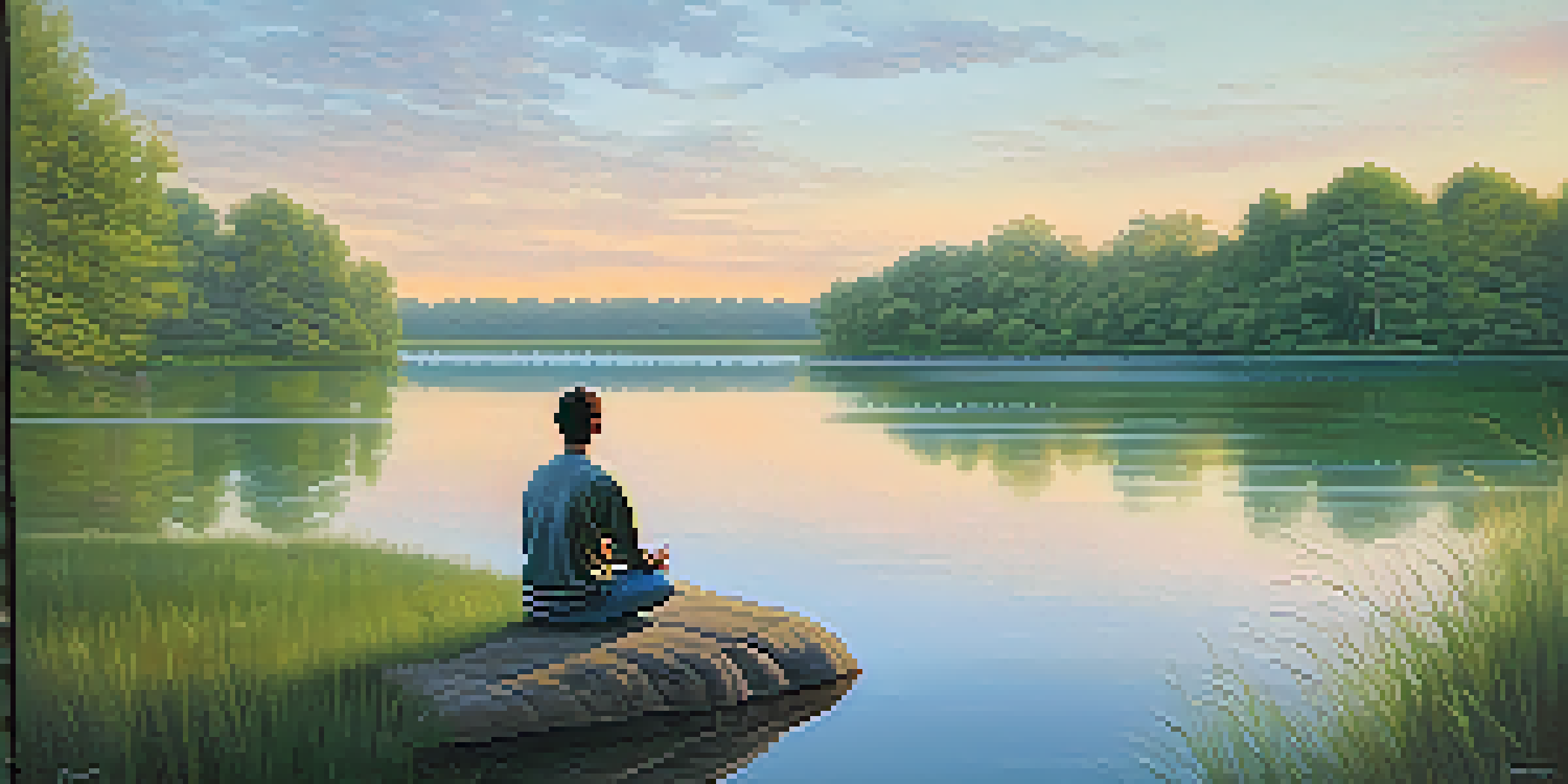 A peaceful lake scene with a person meditating on the grass, surrounded by trees, illuminated by soft morning light.